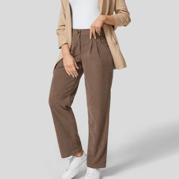 Halara Mid Rise Corduroy Casual Pants Sz Medium Beige Pleated Button Zipper Side - Picture 10 of 11